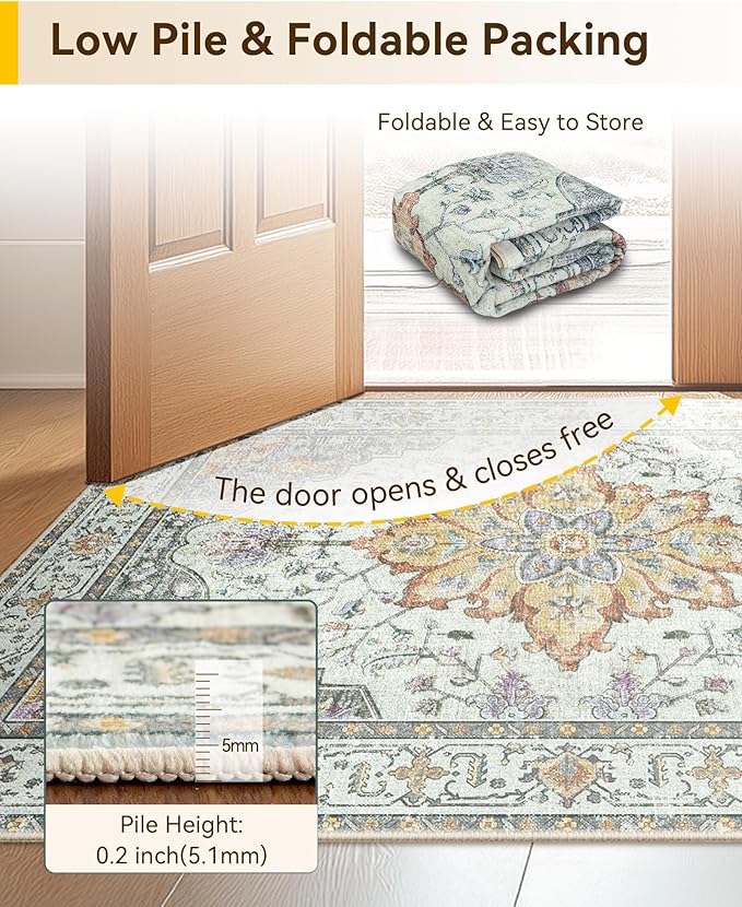 RELEANY Area Rugs 2'x3' Washable Non-Slip, Floral Vintage Distress Print Pattern Medallion Carpet for Living Room Bedroom Dining Room, Light Yellow Carbon Grey Orange