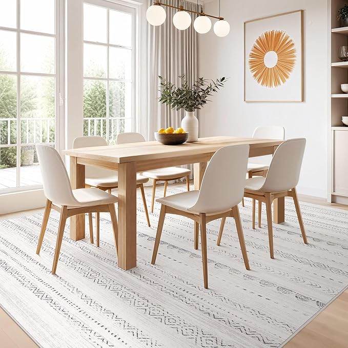 Nakagishi 8x12 Area Rugs Living Room: Washable Boho Large Neutral Soft Farmhouse Rug Stain Resistant Modern Moroccan Non-Slip Indoor Floor Carpet for Bedroom Nursery Kids Playroom Office- Gray