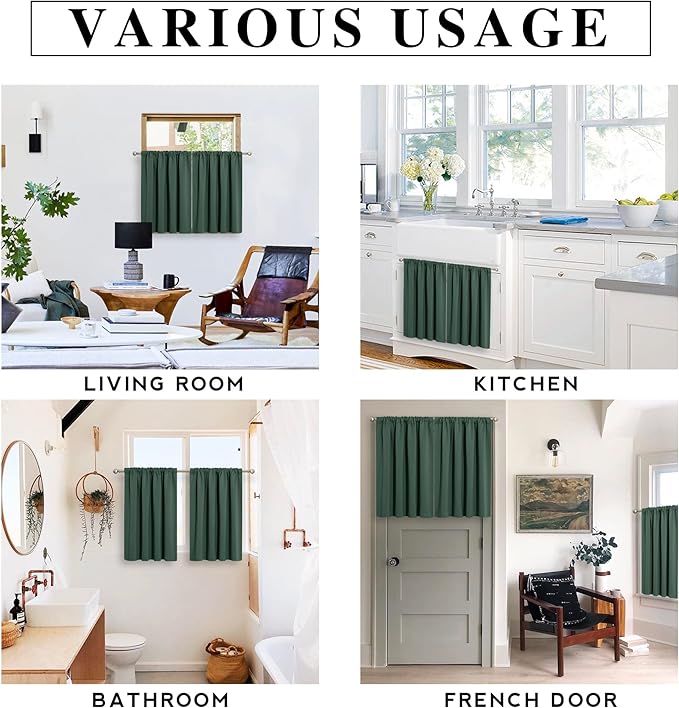 RYB HOME Cafe Blackout Curtains 24 inch Length, RV Curtains for Camper Windows, Mini Short Small Insulating Light UV Blocking Privacy Half Window Tiers, Width 42 by Length 24, Dark Green, 2 Panels