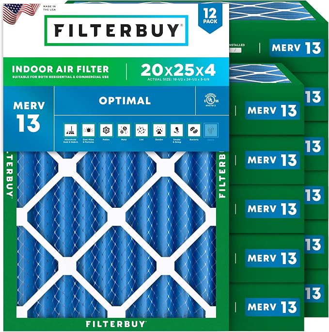 Filterbuy 20x25x4 Air Filter MERV 13 Optimal Smoke & Allergy Defense, by Filterbuy