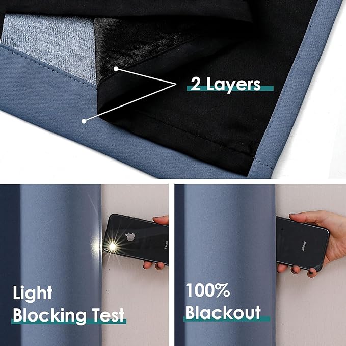 ChrisDowa 100% Blackout Curtains 120 inch Long for Bedroom with Black Liner, 2 Thick Layers Total Blackout Thermal Insulated Grommet Long Window Curtains 2 Panels Set (Stone Blue, 52 x 120 Inch)