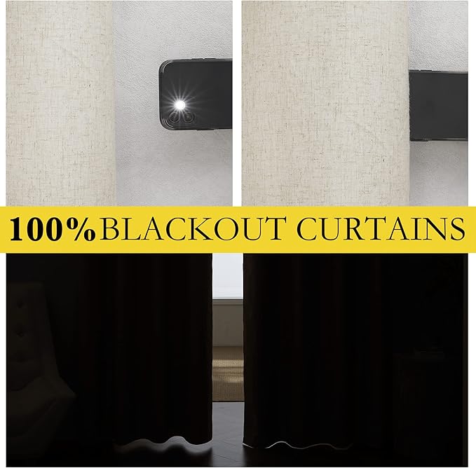 NICETOWN Natural Bedroom Full Blackout Linen Curtain Panels Set of 2, 62" by 72", Thick Insulated Classic Grommet Blackout Draperies with White Thermal Insulated Liner for Windows
