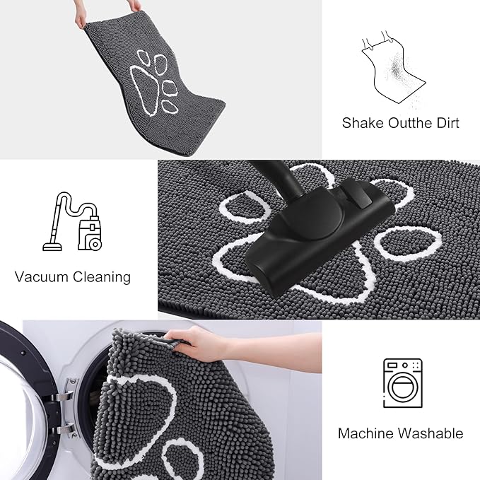Smiry Dog Door Mat for Muddy Paws, Absorbent Dirt Trapper Non Slip Quick Dry Washable Chenille Mat for Mud Dogs, Entry Rug for Indoor and Outdoor (59x20 Inches, Dark Grey and White)