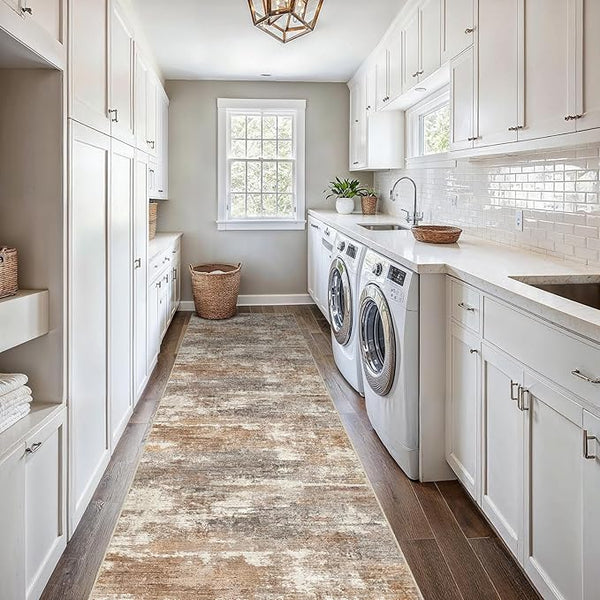 2'6''x16' Washable Kitchen Runner Rug: Modern Abstract Runners for Hallway Soft Non Slip Rugs with Rubber Backing Low Pile Thin Floor Carpet for Entryway Bedroom Bathroom Indoor(Brown/Brick,2'6''x16')