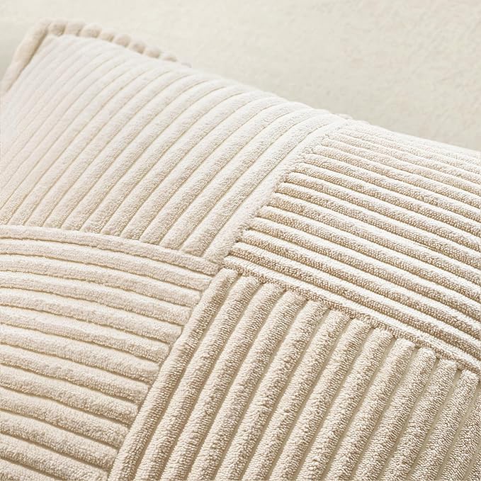 MIULEE Decorative Throw Pillow Covers for Couch Bed Livingroom 12x12 Inch Set of 2 Beige Boho Accent Throw Pllows Broadside Striped Patchwork Soft Corduroy Pillowcases