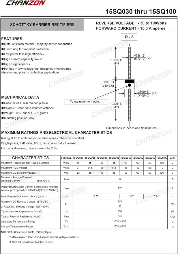 Chanzon 15SQ045 Schottky Diodes 15A 45V R-6 Axial 15 Amp 45 Volt - Image 3
