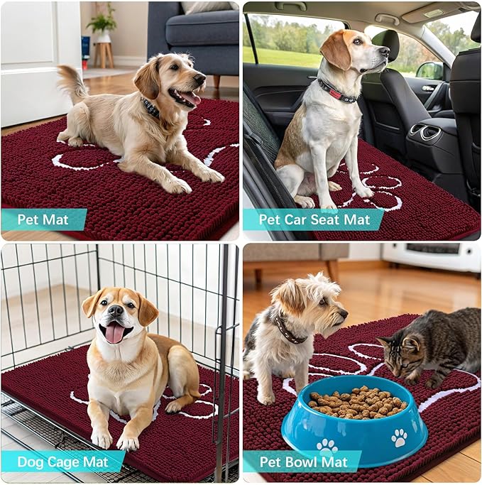 OLANLY Dog Door Mat for Muddy Paws 24x16, Paw Print Design, Absorbs Moisture and Dirt, Absorbent Non-Slip Washable Doormat, Quick Dry Chenille Mud Mat for Dogs, Entry Indoor Entryway Carpet, Burgundy