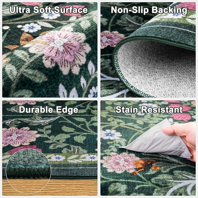 Area Rug Living Room Rugs: Floral 5x7 Washable Rug Vintage Soft Boho Non-Slip Carpet Indoor Floor Stain Resistant Large Carpets for Bedroom Dining Room Farmhouse Nursery Hallway Home Office Dark Green