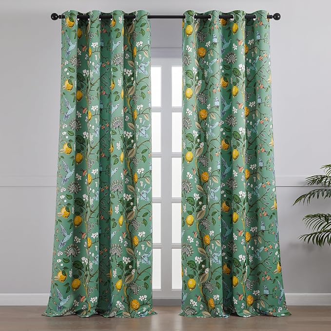 Topfinel Floral Two Pages Curtains 84 Inches Long Drapes,Vintage French Country Grommet Botanical Hummingbird Woodland Jungle Victorian Patterned Sage Green Lemon Drapes for Bedroom Dining Living Room