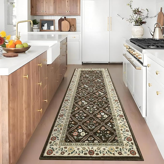 Washable Kitchen Runner 2x6 Non-Slip Floral Carpet Runner for Entryway Indoor Ultra Soft Stain Resistant Long Rugs Farmhouse Floor Mat for Hallways Laundry Bedroom Brown