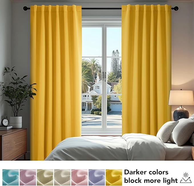 Deconovo Back Tab and Rod Pocket Blackout Curtains for Living Room - 42Wx84L Inch, Mellow Yellow, 2 Panels, Thermal Insulated Light Blocking Curtains