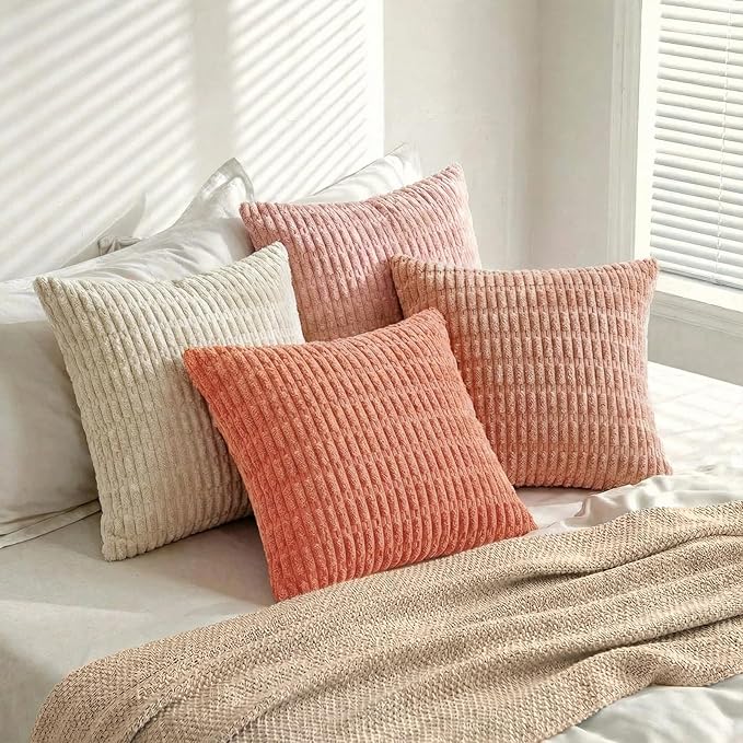 Fancy Homi 4 Packs Blush Pink Decorative Throw Pillow Covers 20x20 Inch for Living Room Couch Bed Sofa, Soft Plush Striped Corduroy Square Light Pink Coral Peach Cream Colorful Cushion Case 50x50 cm