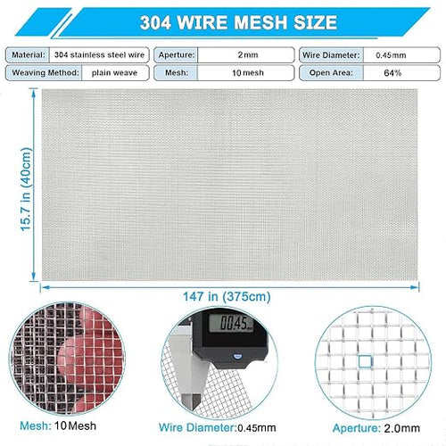 10 Mesh Stainless Steel Mesh Screen 304, 15.7'' x 147'' Metal Mesh Screen - Image 2