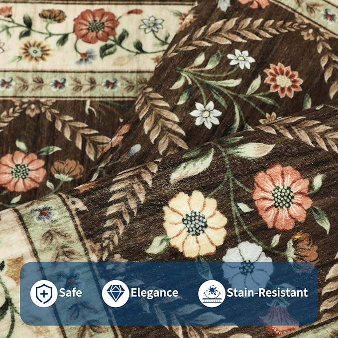 Runner Rug for Hallway Entryway 2.5x8 Farmhouse Floral Non-Slip Machine Washable Kitchen Rug Runner Non-Shedding Low-Pile Soft Long Carpet for Entrance Laundry Room Brown