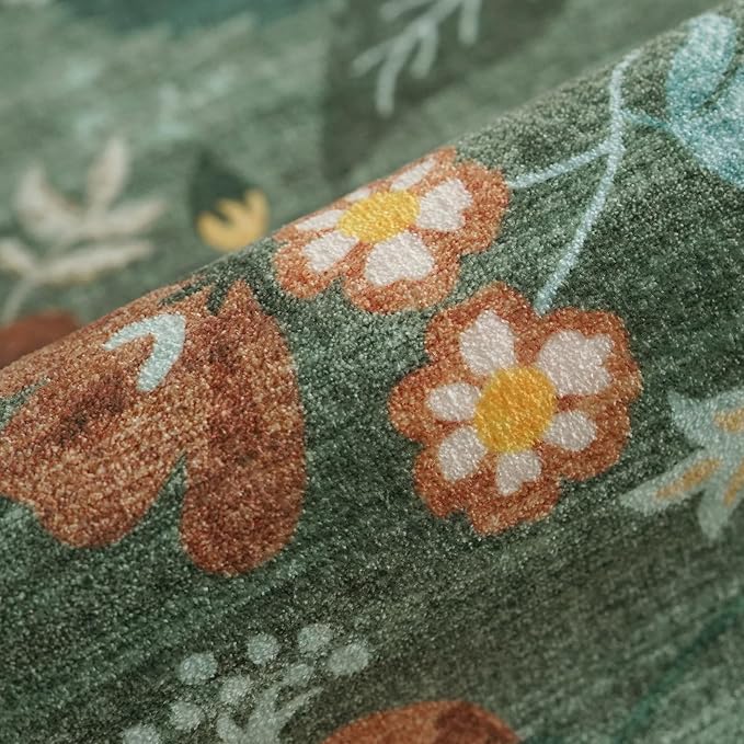 Floral Square Area Rug for Family: Washable 5x5 Scalloped Carpet for Living Room Bedroom Soft Water Resistant Floor Mat with Non Slip Backing for Kitchen Nursery Farmhouse Home Decor(5x5,Floral/Green)