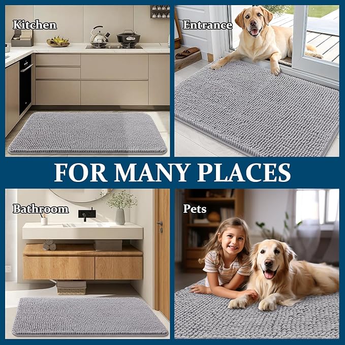 OLANLY Dog Door Mat for Muddy Paws 30x17, Absorbs Moisture and Dirt, Absorbent Non-Slip Washable Doormat, Quick Dry Chenille Mud Mat for Dogs, Entry Indoor Entryway Carpet for Inside Floor, Light Grey