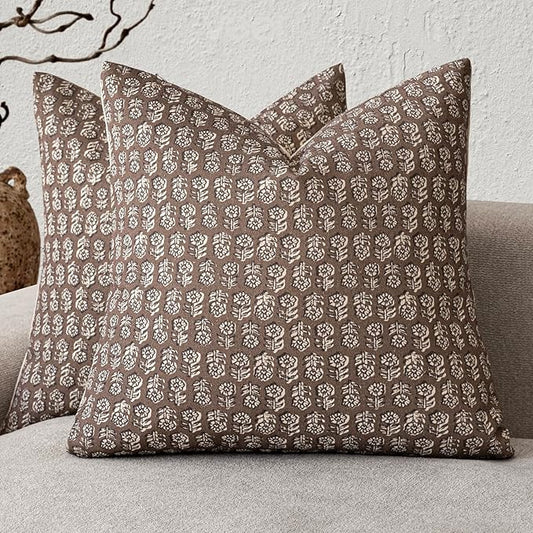 Foindtower Set of 2 Decorative Neutral Floral Print Throw Pillow Covers Vintage Accent Farmhouse Cushion Covers Boho Home Decor for Sofa Couch Chair Bedroom Living Room,24×24 Inch,Brown