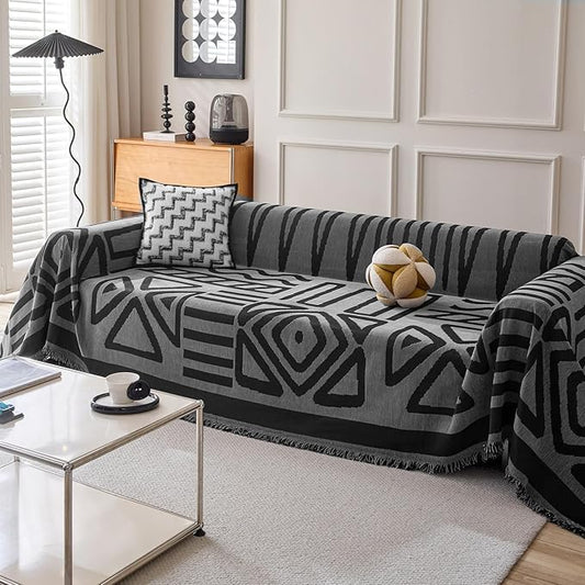 HANDONTIME Boho Geometric Couch Covers for Sofa Pet Friendly Dark Grey and Black Sofa Covers Washable Chenille Couch Blanket Cover for 3 Cushion Couches Pet Protector Furniture Cover Soft, 71" X 134"