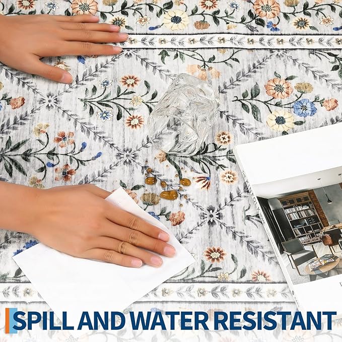 GarveeHome Grey Floral Rug 4x6 Rug Machine Washable Area Rug for Living Room Farmhouse Floral Low Pile for Dining Room, Bedroom Indoor Foldable Non-Slip Grey Beige RV