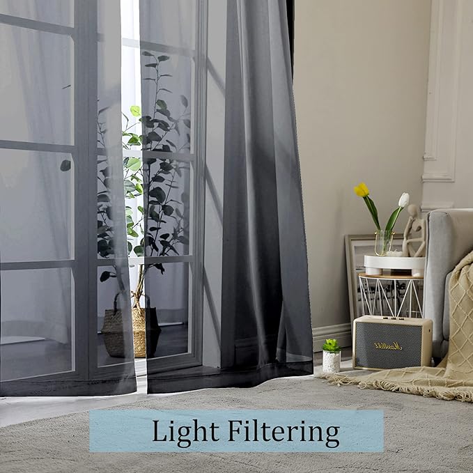 OWENIE Black Sheer Curtains, Sheer Curtains 63 inch Length 2 Panels Set, Rod Pocket Voile Fimly Sheer Drapes for Living Room/Bedroom, 2pcs, Each 42" W x 63" L, Black