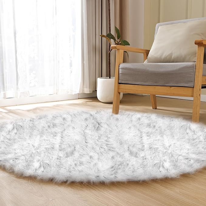 ORINOVA White and Grey Round Shag Rug 4ft Faux Sheepskin Fur Rugs for Living Room Small Circle Washable Plush Rug for Nursery Cute Room Décor