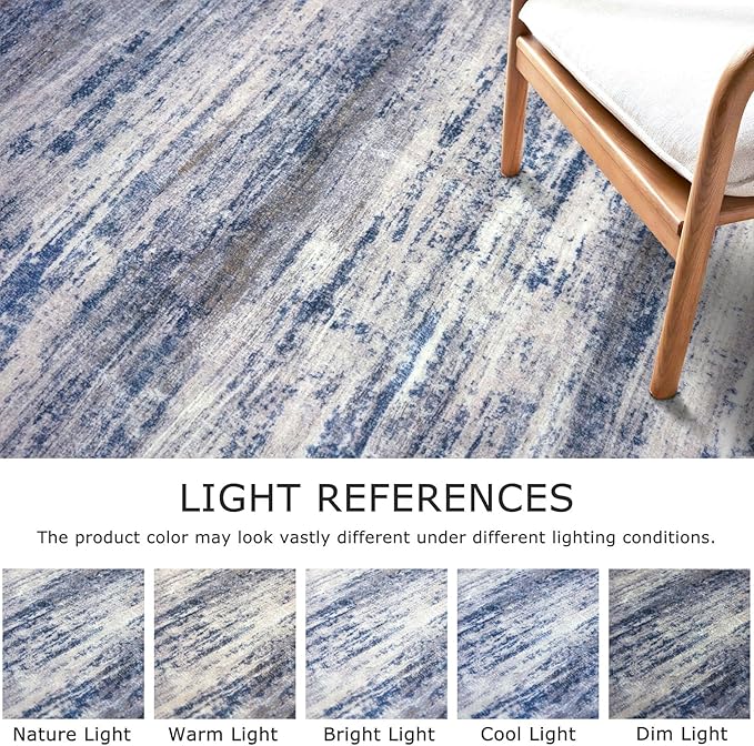 KOZYFLY Area Rug 6x9 Modern Ombre Thin Rugs for Living Room, Washable Large Rugs Non-Slip Soft Striped Rug for Bedroom, Print Grey-Blue Abstract Carpet for Laundry/Kid Room