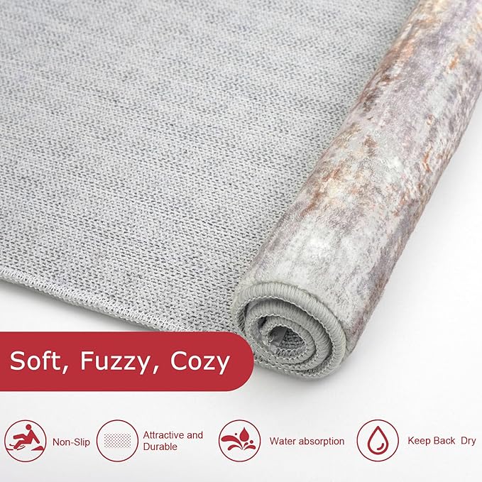 KOZYFLY Modern Abstract Runners for Hallways 2x12 Washable Rug Runner Non-Slip Soft Striped Kitchen Runner Rug, Multi Grey/Orange Print Carpet Runner for Entryway Bathroom