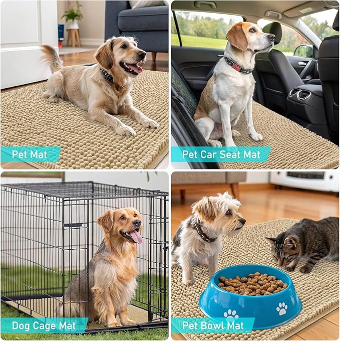 OLANLY Dog Door Mat for Muddy Paws 47x20, Absorbs Moisture and Dirt, Absorbent Non-Slip Washable Doormat, Quick Dry Chenille Mud Mat for Dogs, Entry Indoor Entryway Carpet for Inside Floor, Beige