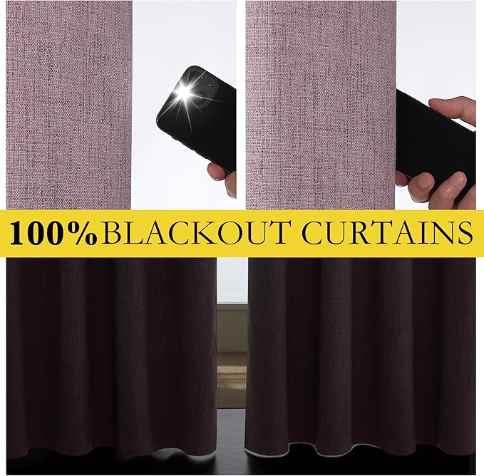 NICETOWN Chaise Mauve Vintage Linen 100% Blackout Curtains for Living Room, Thermal Insulated Curtains 120" Long, Noise Reducing Window Treatment Drapes for Hall Room, 52" Wide Per Panel, Set of 2