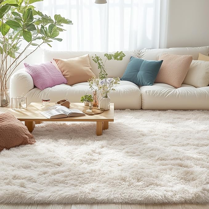 OLANLY 4x10 Area Rugs for Living Room Bedroom, Machine Washable Soft Fluffy Shaggy Bedside Rug, Indoor Floor Carpet for Kids Girls and Boys, Dorms, Nursery Rooms, Home Decor Aesthetic, Ivory