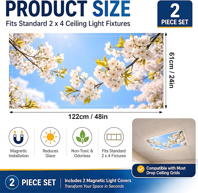 2 Pack Sunny Spring Blossom Decorative Ceiling Light Covers, Magnetic 4x2 Ft - Image 2