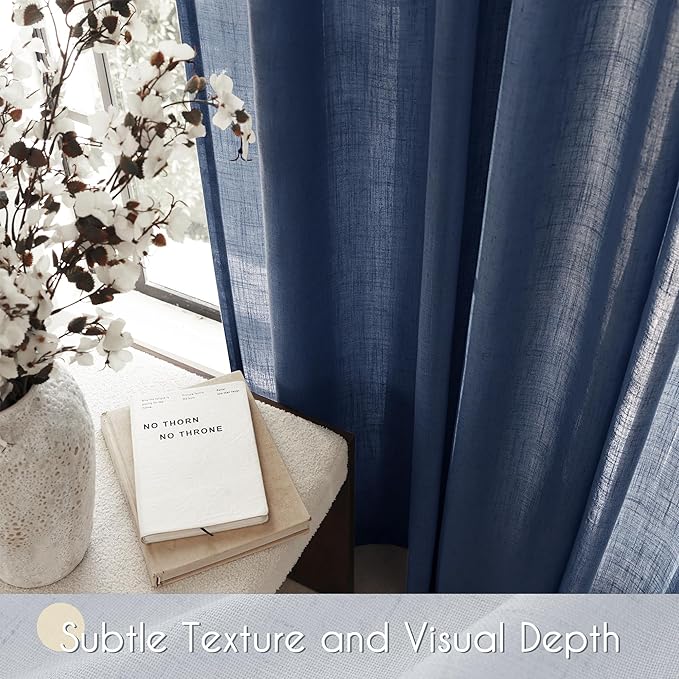 Navy Blue Curtains 102 inch Length for Bedroom Back Tab Light Filtering Semi Sheer Blue Living Room Curtains Linen Cotton Textured Indigo Blue Drapery Panel Modern Farmhouse Aesthetic Decor Dark Blue