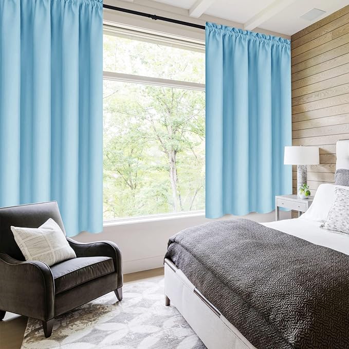 DWCN Blackout Curtains – Thermal Insulated, Energy Saving & Noise Reducing Bedroom and Living Room Curtains, Light Blue, W 42x L 63 Inch, Set of 2 Rod Pocket Curtain Panels