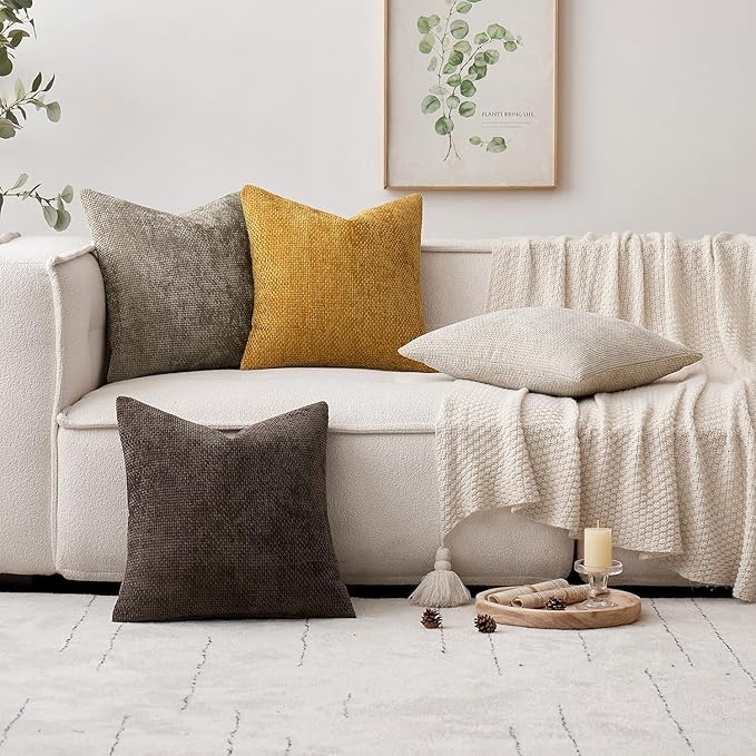 MIULEE Pack of 2 Couch Throw Pillow Covers 18x18 Inch Neutral Dark Brown Boho Accent Decorative Pillow Covers Soft Chenille Farmhouse Cushion Covers for Home Decor Bed Sofa Living Room