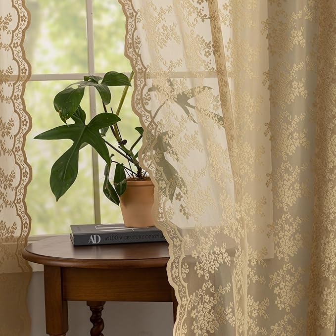 YJ YANJUN Vintage Lace Curtains 63 Inch Length 2 Panels Earthy Neutral Taupe Sheer Curtains with Scalloped Edges Rod Pocket Short Floral Crochet Panles for Bedroom Dining Room W52 X L63 Light Coffee