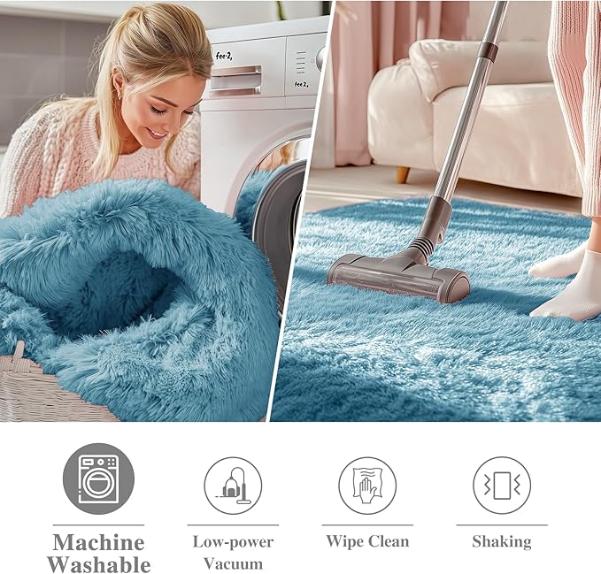 OLANLY Slate Blue Round Rugs for Bedroom - Machine Washable, 3 ft Circle Area Rugs for Living Room, Soft and Fluffy Shaggy Carpet for Teen Girl and Boys, Nursery Rooms, Dorms, Home Decor Aesthetic