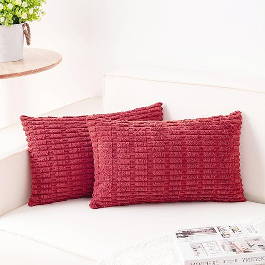 Pack of 2 Corduroy Decorative Throw Pillow Covers 12x20 InchSoft Boho Striped Pillow Covers Modern Farmhouse Home Decor for Sofa Living Room Couch Bed（Cranberry Red）