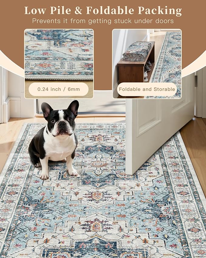 Madane 5x7 Area Rugs for Living Room, Stain Resistant Washable Rug, Non-Slip Backing Area Rug, Vintage Home Decor Rug for Bedroom (Blue, 5'x7')