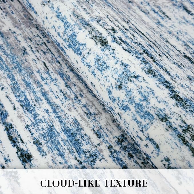 Lansny Modern Abstract 4x6 Living Room Washable Rug Non-Slip Soft Bedroom Area Rug Grey Blue White Thin Print Faux Wool Floor Carpet Throw Rugs for Nursery Playroom Dining Room Indoor Home Decor
