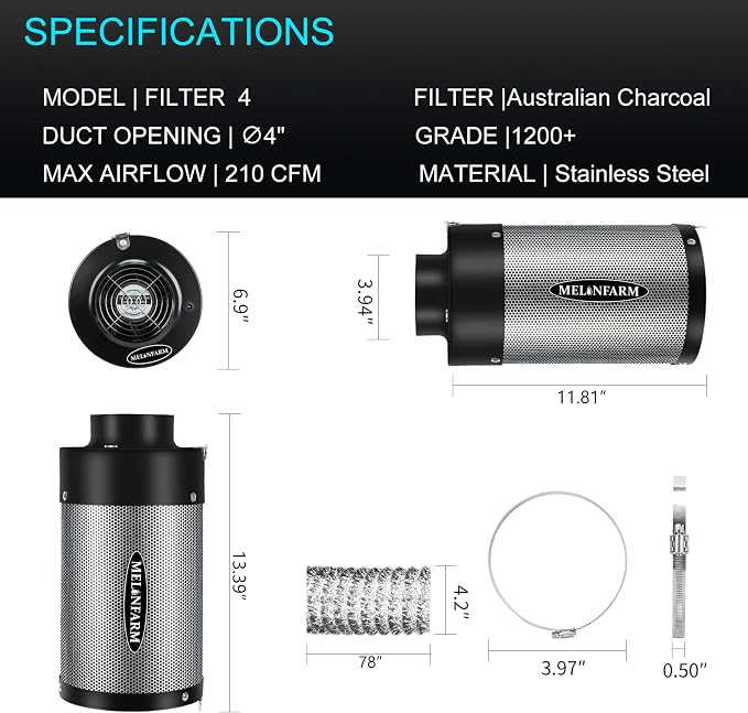 Air Filtration Kit 4", Built-in 14cm Fan Low Nois Carbon Filter - Image 6