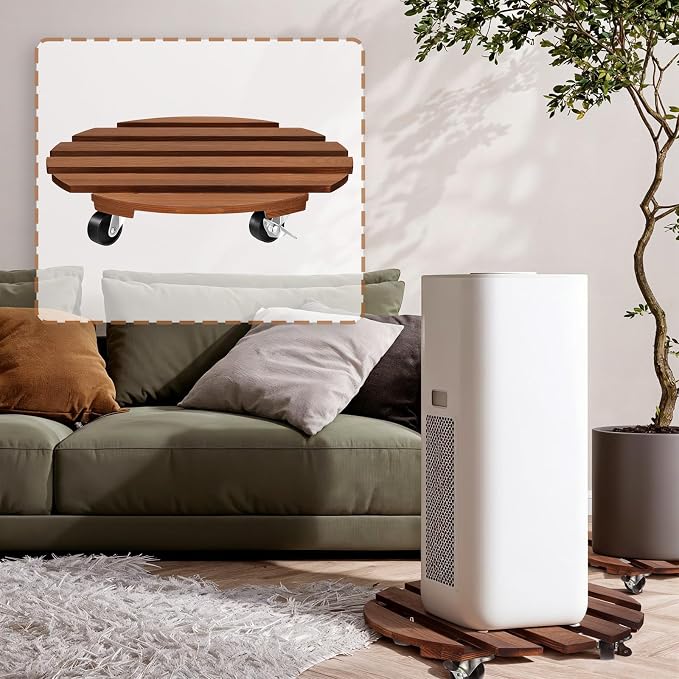 2 Pack Wood Plant Caddy with Wheels Planter Cart Round Plant Rollers Heavy Duty - Image 4