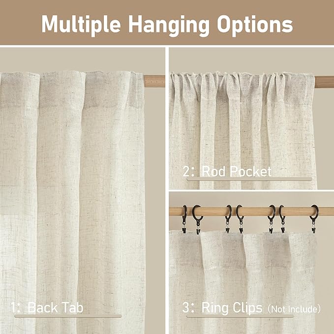 LAMIT Natural Linen Boho Curtains 80 inch Length 2 Panels, Cream Ivory Light Filtering Semi Sheer Panels Back Tab and Rod Pocket Neutral Drapes for Bedroom/Living Room, 34 x 80 Inch
