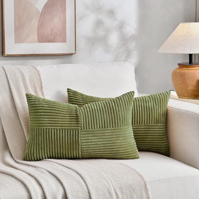 Fancy Homi 2 Packs Moss Green Lumbar Decorative Throw Pillow Covers 20x28 Inch for Living Room Couch Bed, Rustic Farmhouse Boho Home Decor, Soft Striped Corduroy Rectangle Accent Cushion Case 50x70 cm