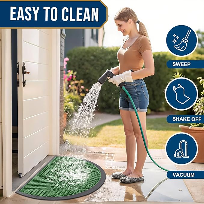 Smiry Half Circle Front Door Mat Outside Entrance, Heavy Duty Sturdy Natural Rubber Doormat, Trap Dirt and Moisture, Low Profile Mats for Indoor Outdoor Entry, Irregular Triangle (47x32, Green)