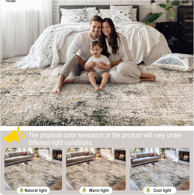 6x9 Area Rugs for Living Room - Washable Rug Modern Abstract Soft Large Neutral Non-Slip Carpet Indoor Floor Thin Carpets for Bedroom Dining Room Farmhouse Nursery Home Office Brown Black Grey