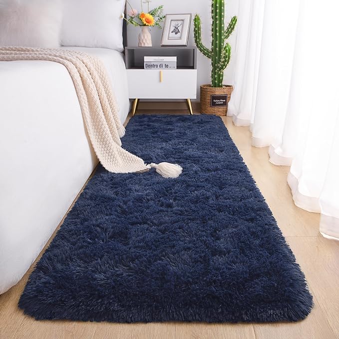 Chicrug Soft Runner Rugs for Bedroom Living Room Plush Fluffy Rug 3x10 Feet, Shag Furry Area Rug Carpet Non Shedding for Nursery Children Kids Girls Room Home Decorative, Navy Blue