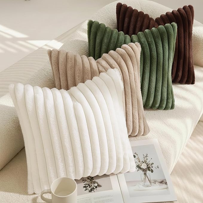 decorUhome Cozy Faux Fur Throw Pillow Covers 18x18 Set of 2 Decorative Soft Plush Striped Modern Farmhouse Boho Couch Pillow Cases with Velvet Back for Sofa Bed Living Room, Khaki Brown