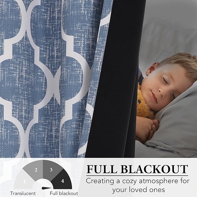 Beauoop 100% Blackout Curtains 63 Inches Long 2 Panels for Bedroom Living Room Blue Moroccan Geo Room Darkening Thermal Insulated Soundproof Rod Pocket Back Tab Window Treatments Drapes, 50x63