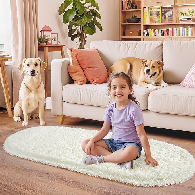 Pionblank Fluffy Oval Rug for Bedroom 3.3x6.2, Shag Throw Rugs for Bedside, Ultra Soft Cute Plush Carpet for Girls Boys Room Living Room Nursery Dorm Home Decor, Cream White
