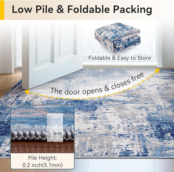 Washable Area Rugs 2'x10' Non-Slip Modern Abstract Soft for Living Room Entryway Bedroom Nursery, Print Pattern, Blue Grey Navy Gray